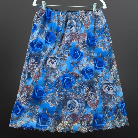 Y2K Blue Paisley Floral Midi Skirt Mesh Overlay Size L Fairy boho Elastic Waist - Picture 5 of 6